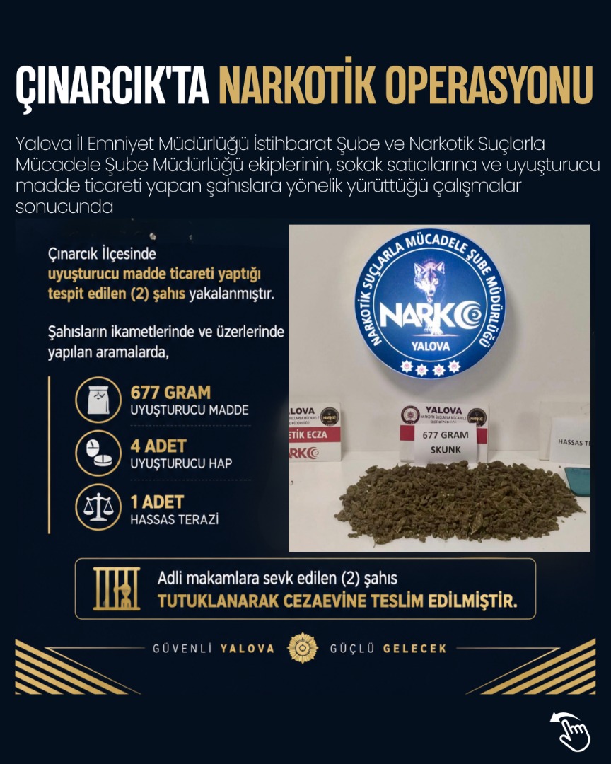 ÇINARCIK'TA NARKOTİK OPERASYONU! 677 GRAM UYUŞTURUCU MADDE ELE GEÇİRİLDİ